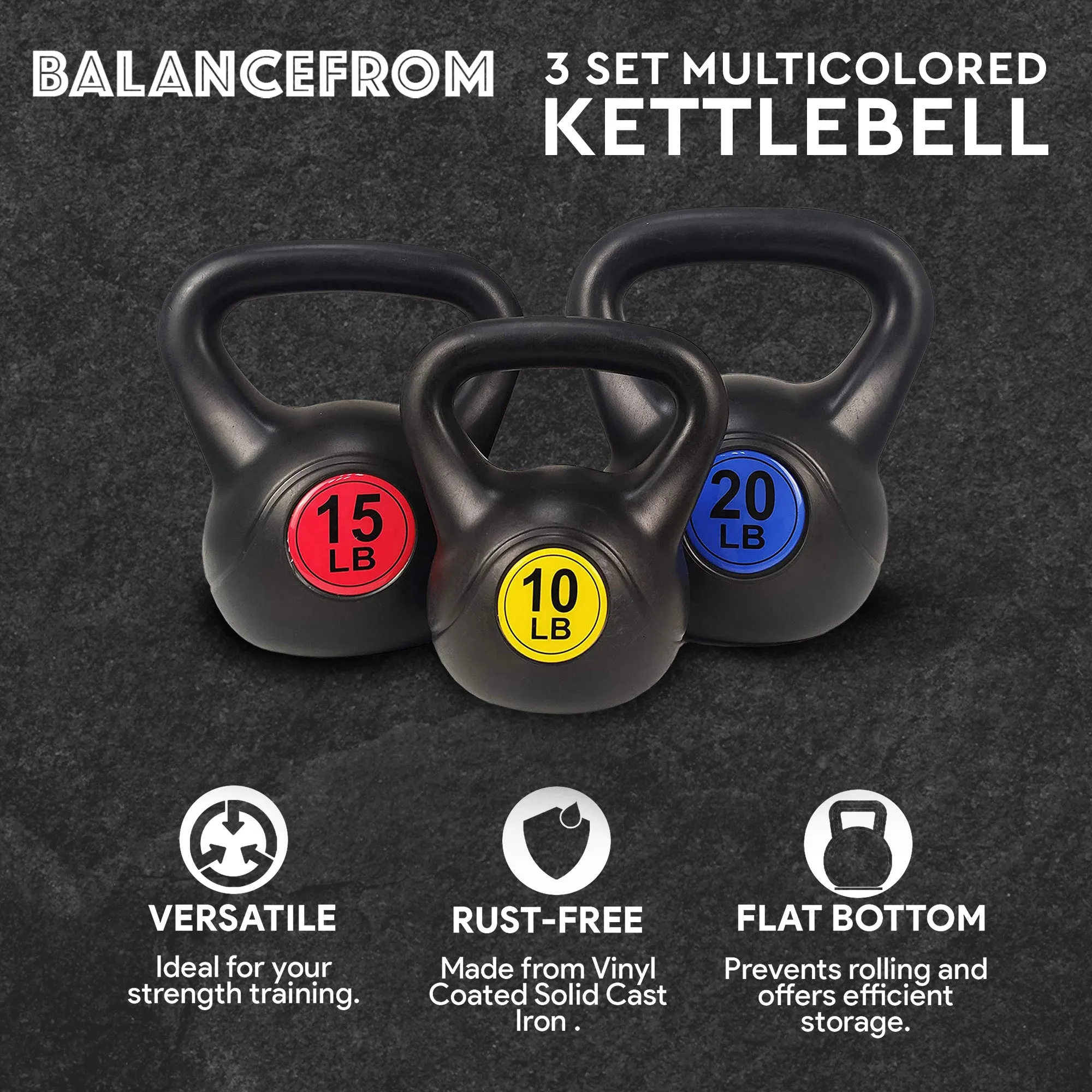 BalanceFrom Kettlebell Fitness Weights, Set of 3, 10, 15, and 20 Pounds (Used)