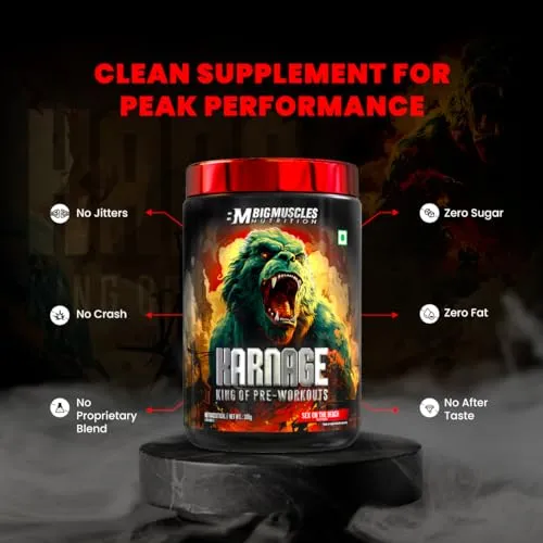 Bigmuscles Nutrition Karnage Pre workout (60 Servings, Sex On the Beach) | Pre-workout Supplement Supports to Improve Focus, Strength, Energy and Pump, Banned Substance Tested, Dope Free, 300g