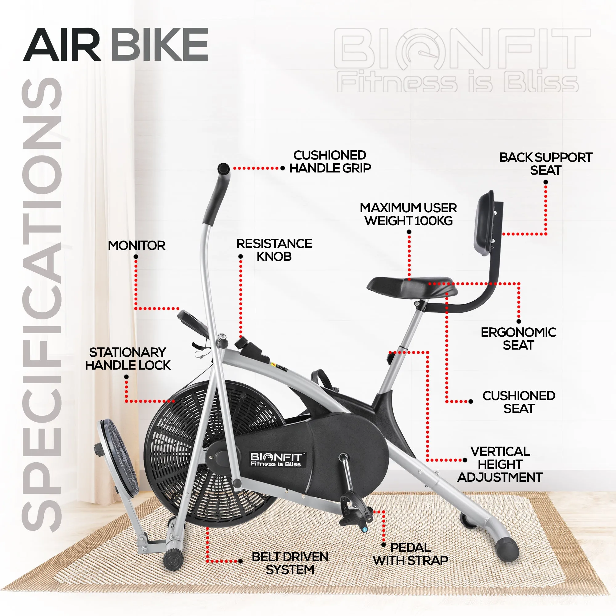 Bionfit ON04CM Curved Moving Handle Air Bike with Back Support and Twister - The Ultimate in Cardio Fitness Equipment - 2 Year Warranty