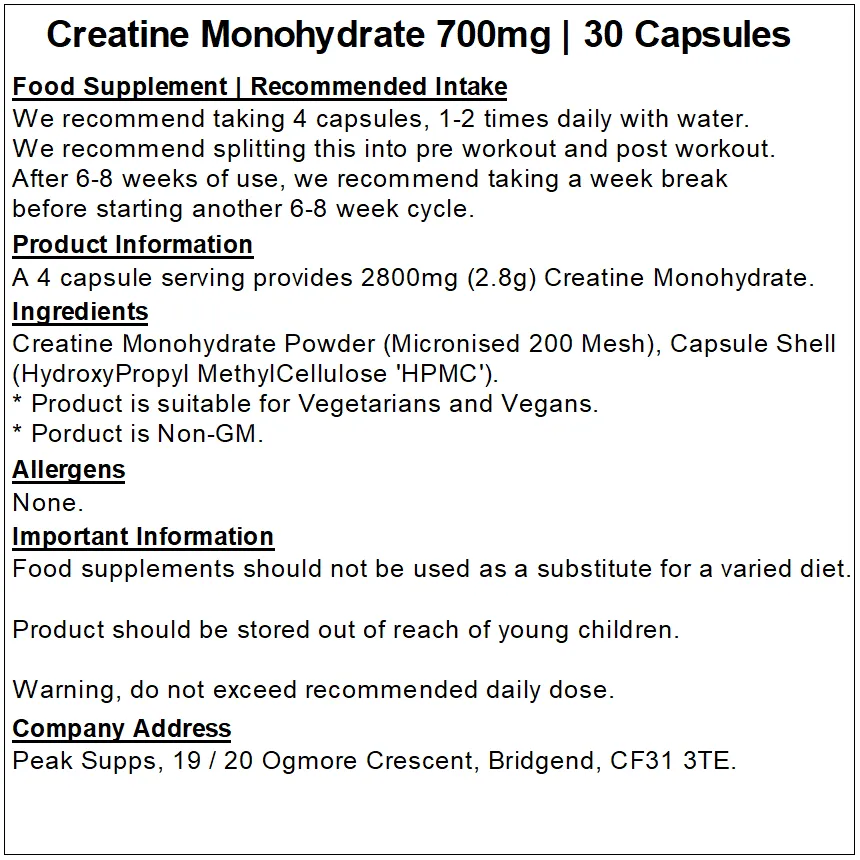 Creatine Monohydrate 700mg Capsules