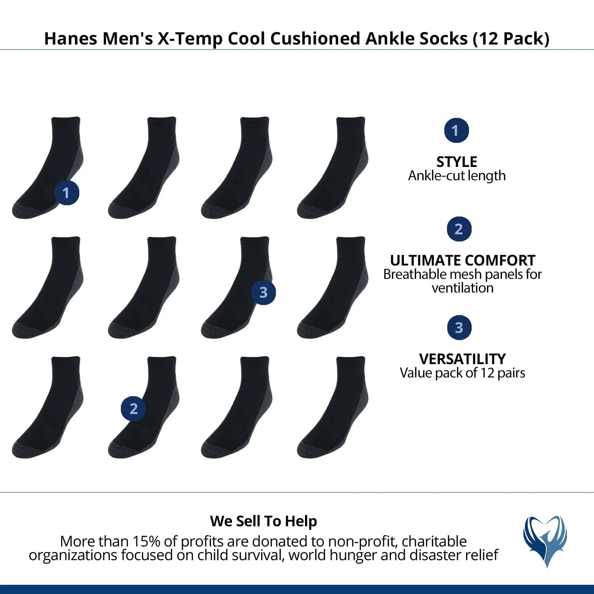 Hanes Men's X-Temp Cool Cushioned Ankle Socks (12 Pack)