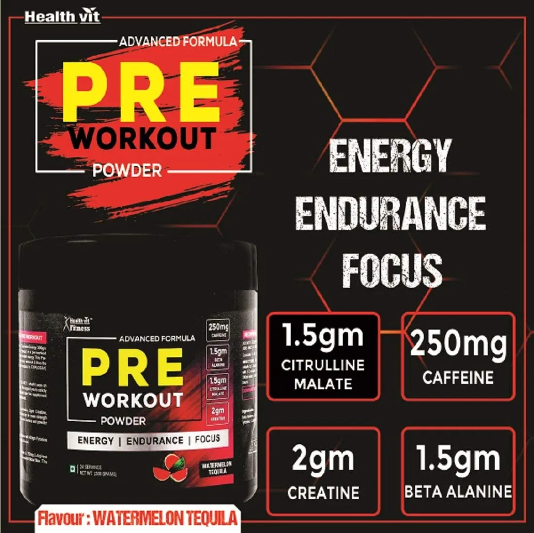 Healthvit Fitness Pre-Workout Explosive Energy Advance Formula 300gm Powder (Orange Flavour)