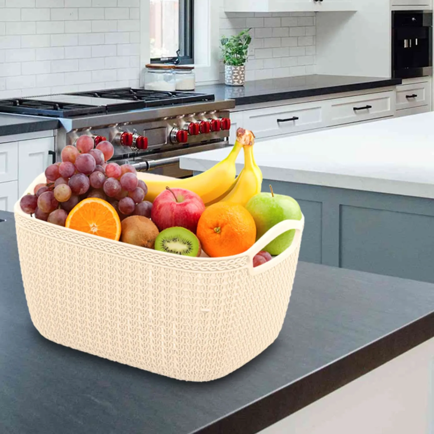 Heart Home Q-5 Designer Plastic Storage Basket For Store Fruits, Vegetables, Magazines, Cosmetics, Stationary Pack of 2 (Beach & Green)-50HH01638