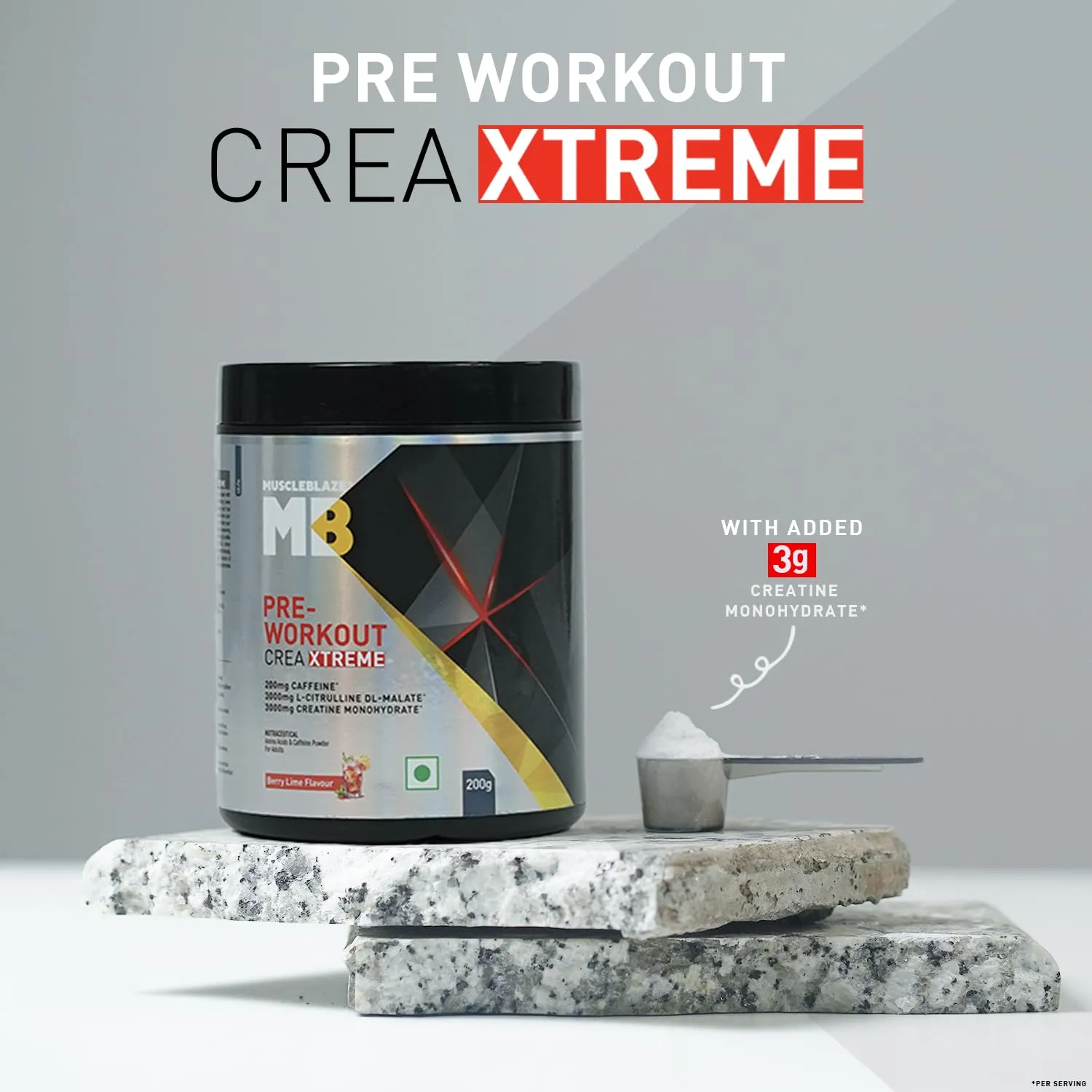 MuscleBlaze Pre Workout Crea-Xtreme (Berry Lime, 200g, 20 Servings) | 3000 mg Creatine Monohydrate, 200mg Caffeine, 200mg Theanine, 2000mg Beta Alanine