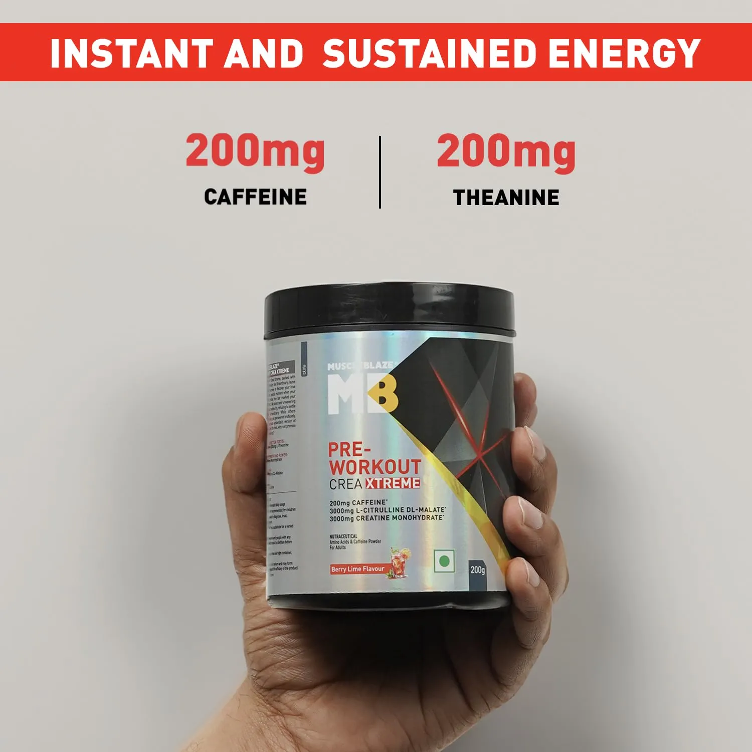 MuscleBlaze Pre Workout Crea-Xtreme (Berry Lime, 200g, 20 Servings) | 3000 mg Creatine Monohydrate, 200mg Caffeine, 200mg Theanine, 2000mg Beta Alanine