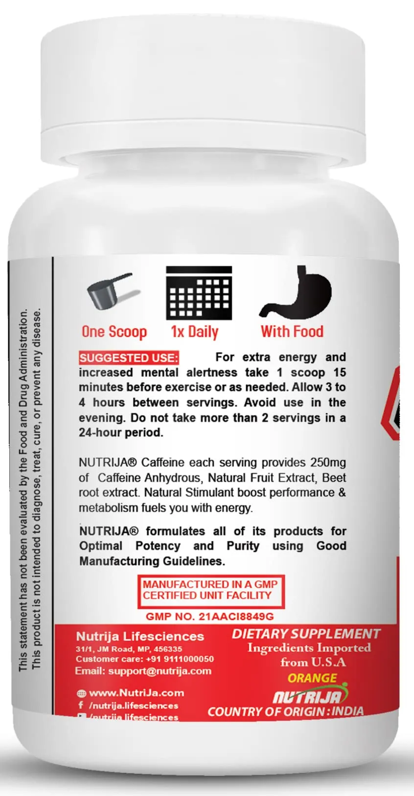 NutriJa Caffeine Powder Pre Workout Supplement - 100 Servings