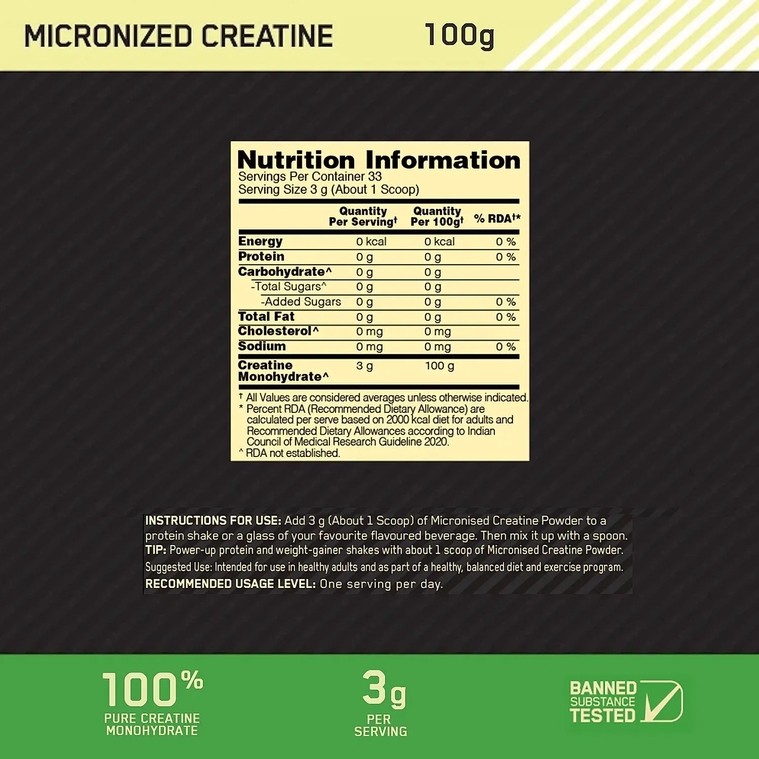 Optimum Nutrition (ON) Micronized Creatine Powder - 100 Gram, 33 Serves, 3g of 100% Creatine Monohydrate per serve, Supports Athletic Performance & Power, Unflavored.