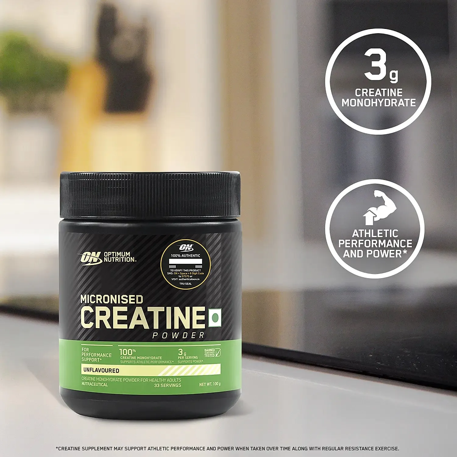 Optimum Nutrition (ON) Micronized Creatine Powder - 100 Gram, 33 Serves, 3g of 100% Creatine Monohydrate per serve, Supports Athletic Performance & Power, Unflavored.