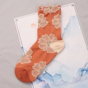 Orange Floral Embossed Women's Socks | Bohemian Style