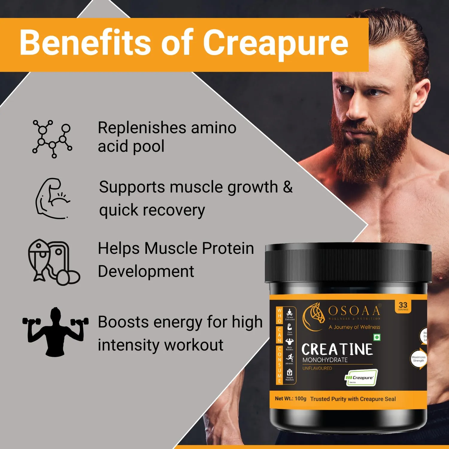 OSOAA Creatine Monohydrate "Creapure" Germany Certified (100 Gm) | Lab Tested & Fssai Approved |Boosts Strength & Athletic Performance | Muscle Repair & Recovery| Unflavoured Powder