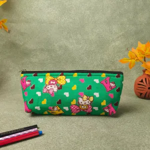 Pencil Pouch Dark Green with Pink Cartoon Prints