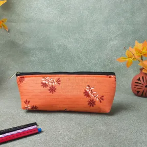 Pencil Pouch Orange Colour with Flower Design.