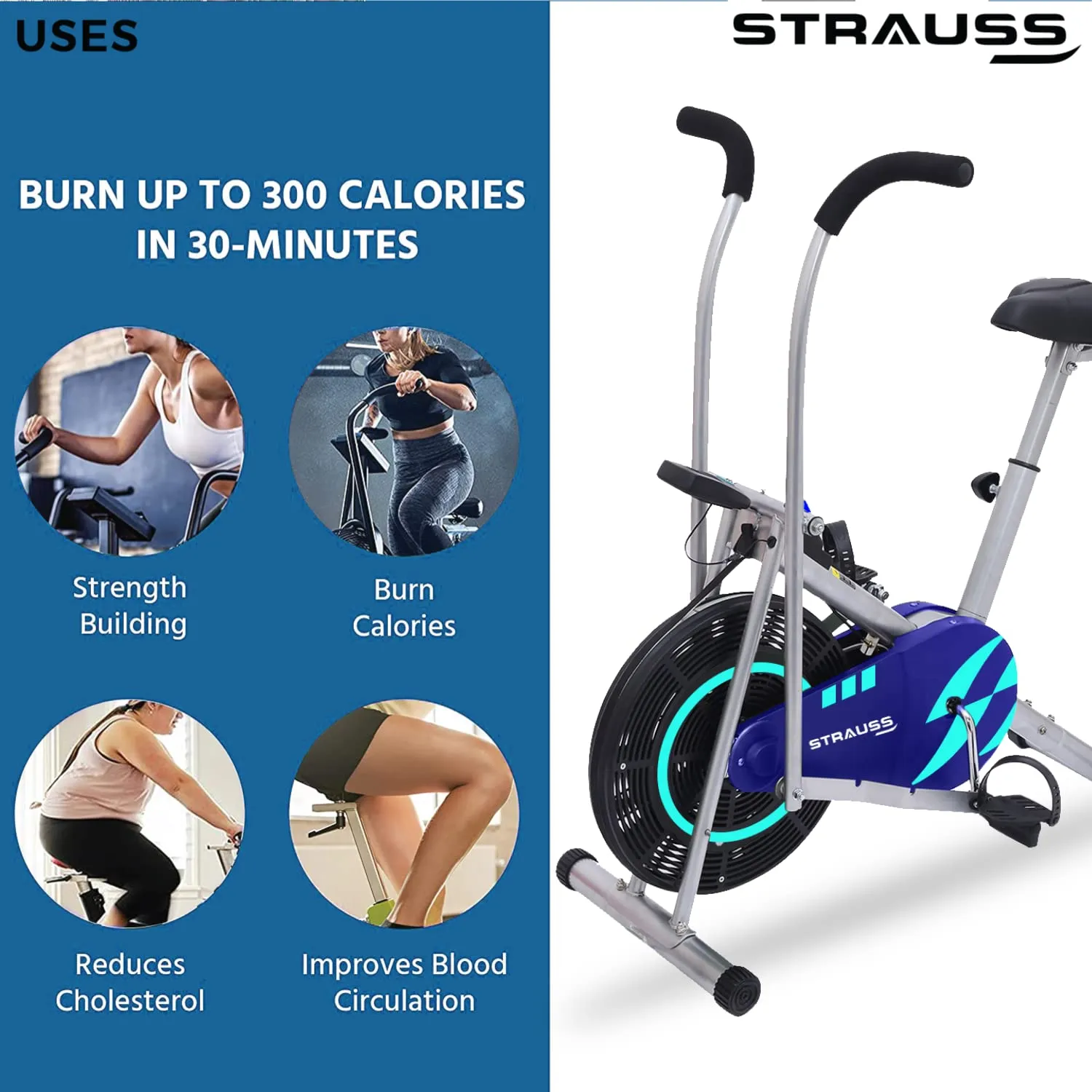 Strauss Stayfit-(BS) Exercise Bike with Back Support |Moving or Stationary Handle |Adjustable Resistance With Cushioned Seat and LCD Monitor |Exercise Equipment For Home Gym (Max Weight: 120Kg), Green