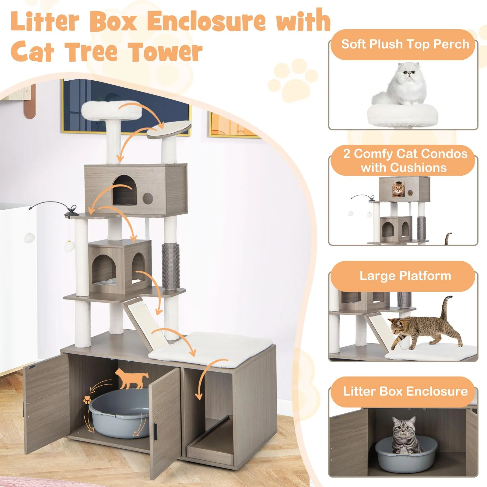 Tangkula Cat Tree with Litter Box Enclosure, Cat Tower with Litter Box, 2 Condos, Scratching Posts