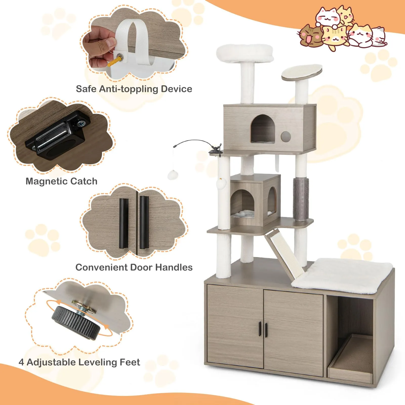 Tangkula Cat Tree with Litter Box Enclosure, Cat Tower with Litter Box, 2 Condos, Scratching Posts